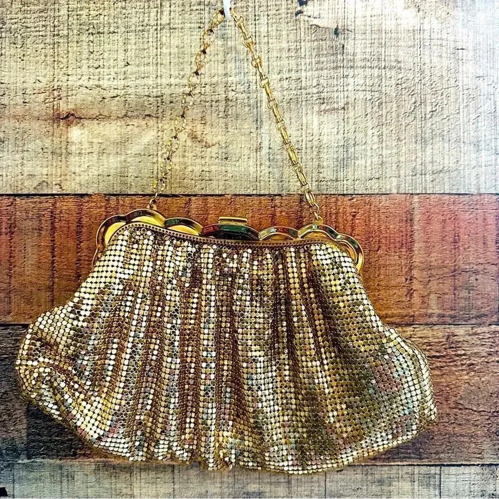 Whiting & Davis Co Vintage Golden Mesh Bag With Rhinestone/Jeweled Clasp